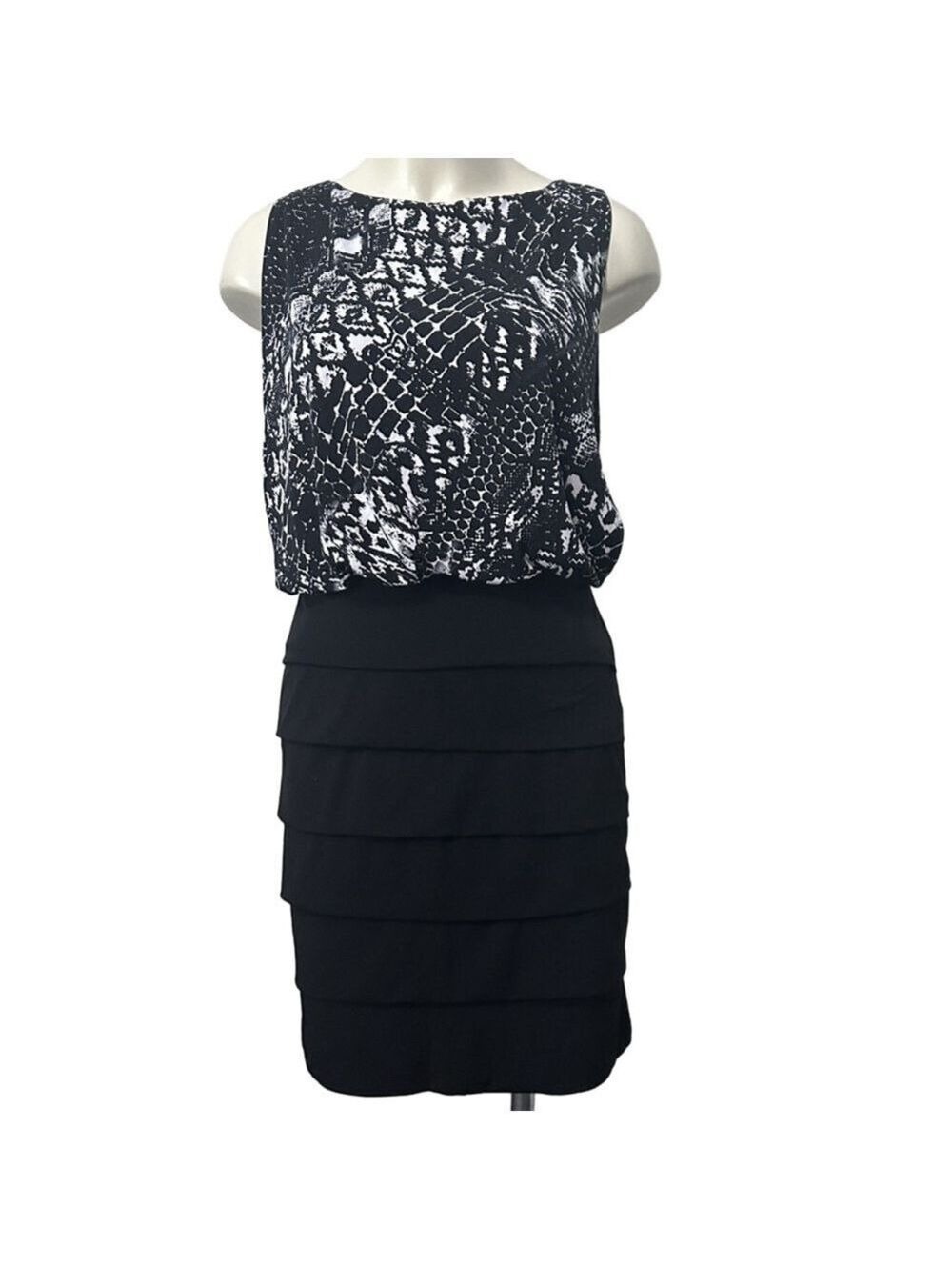 Enfocus Studio Black White Animal Print Backless Tiered Dress Size 4